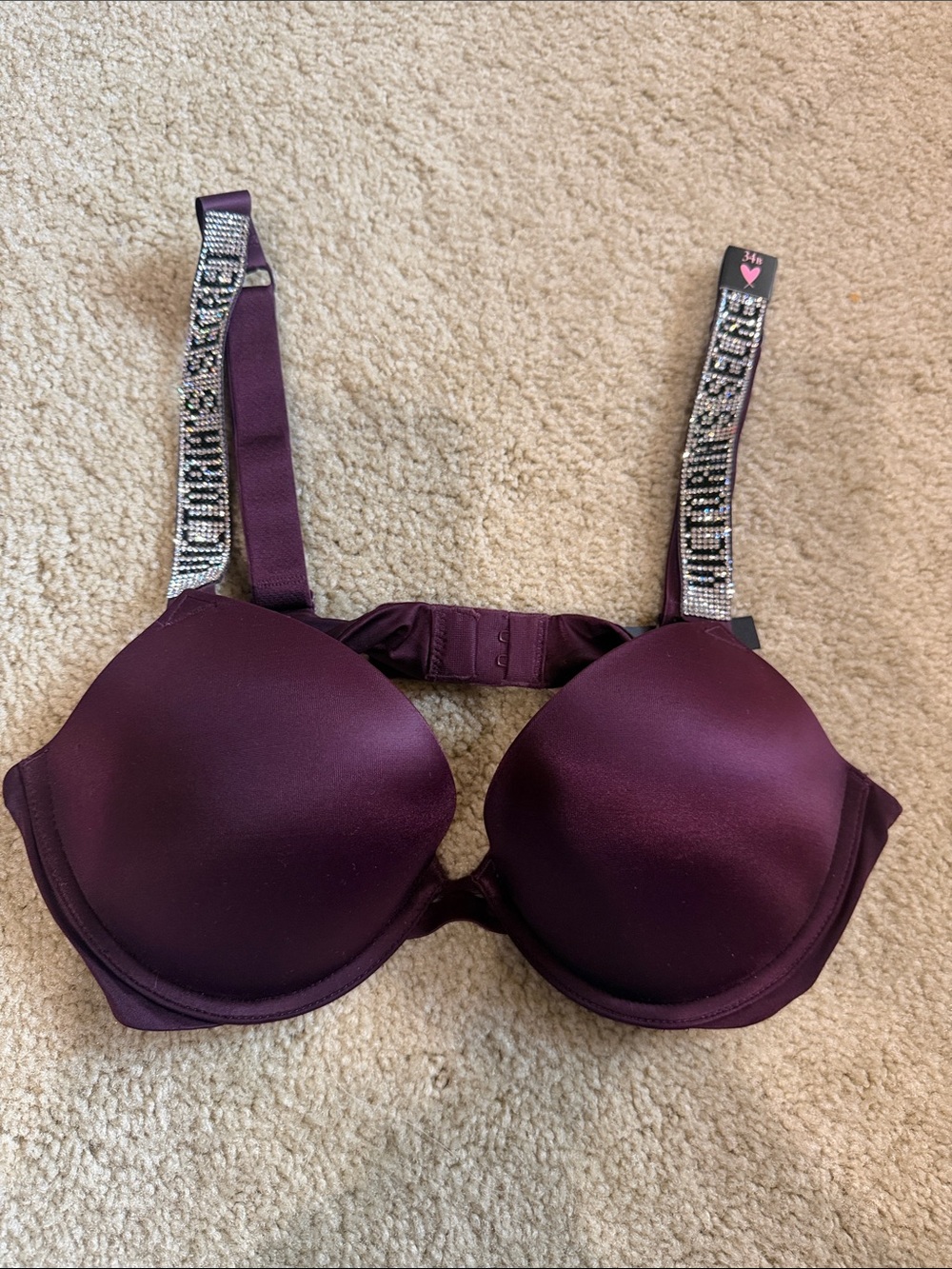 Victoria's Secret Plum Satin T-Shirt Bra with Rhinestone Logo Straps